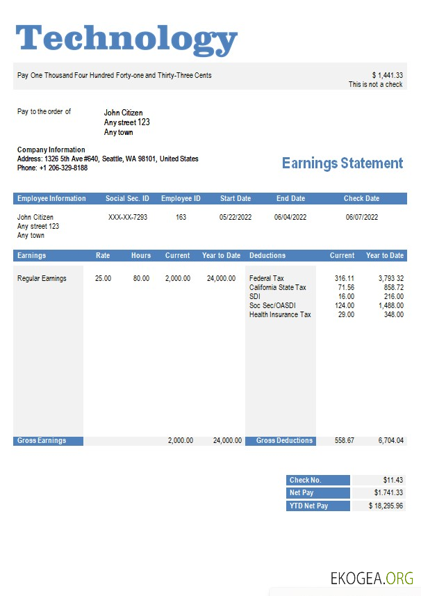 modèle de bulletin de paie d'une entreprise technologique aux formats Word et PDF